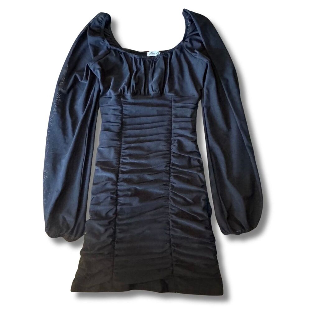 Hollister Ruched Sheer Sleeve Mini Dress - Black, XXS